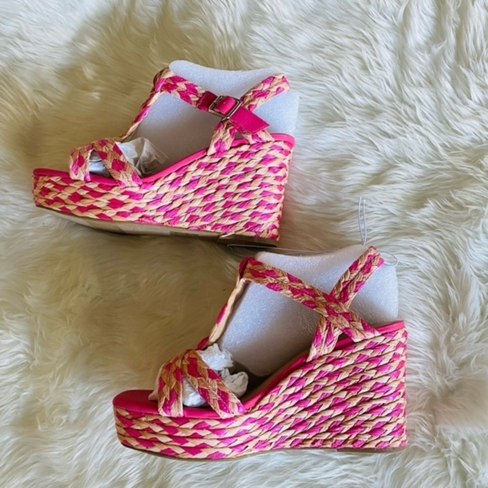 Torrid T strap raffia wedges, Sz. 12WW